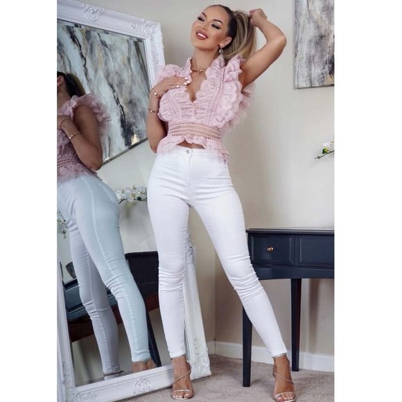 Pink Crochet Lace Sleeveless V-Neck Ruffle Peplum Top - Picture 6 of 9